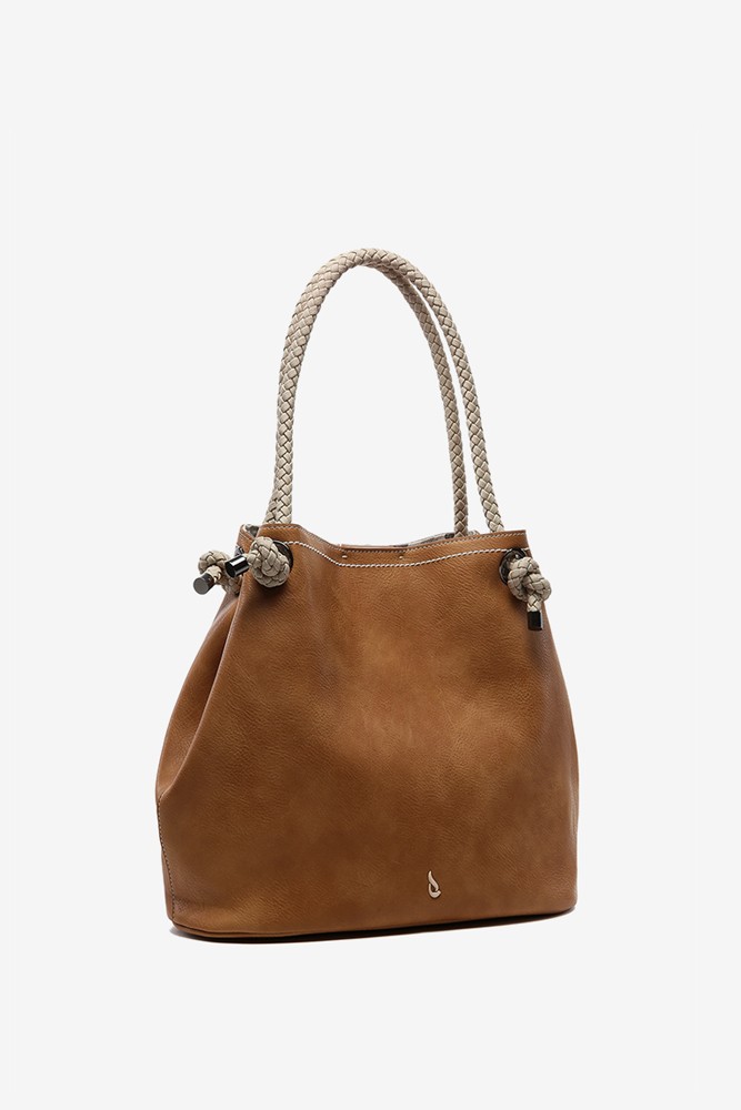 Women's cognac shoulder bag with knotted handle
