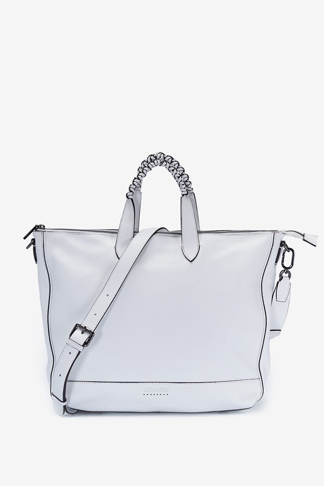 Women's white leather shopper bag with braided handle
