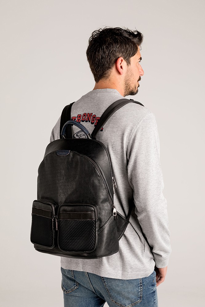 Men's backpack in recycled materials black whit die-cut details