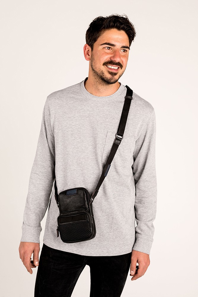 Men's black die-cut XS crossbody bag in recycled materials