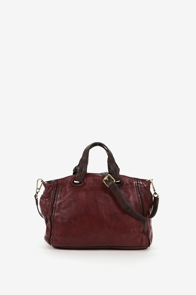 Women's burgundy leather bowling bag
