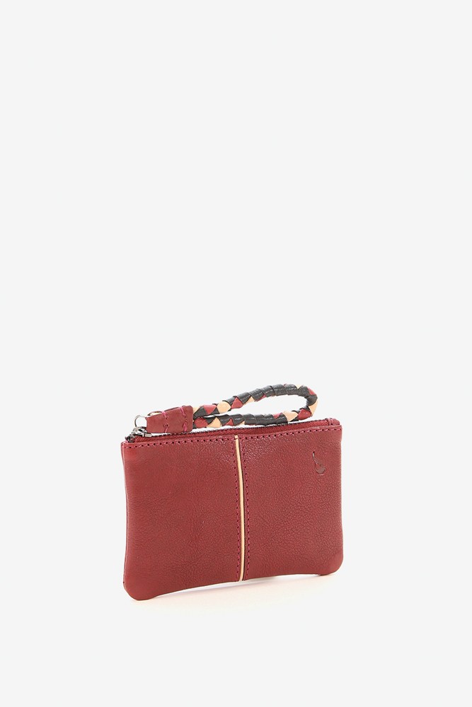 Women's burgundy leather coin purse with braided handle