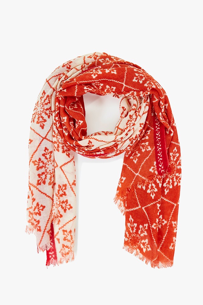 Women's wool scarf with cognac geometric print