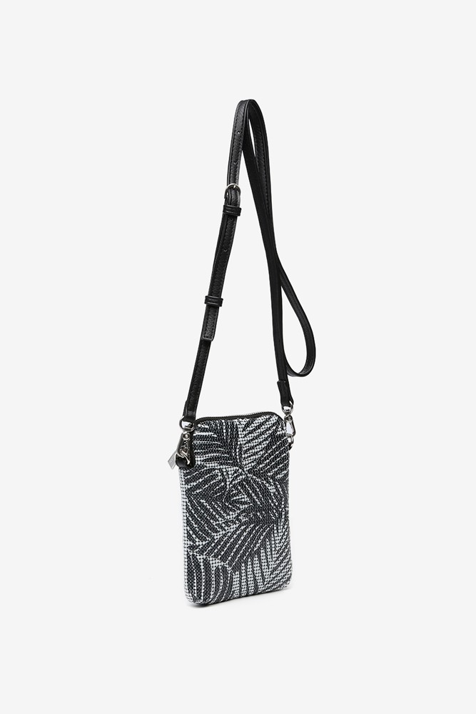 Metallic mesh phone bag with tropical print in black