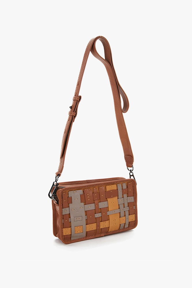 Women's crossbody bag with patchworks in amber leather