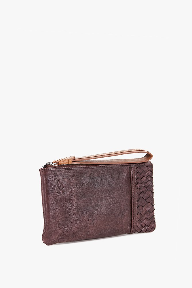 Women's brown leather cosmetic bag with braided detail