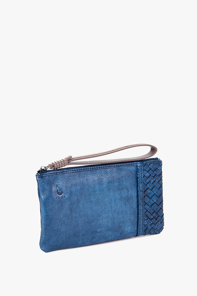 Women's blue leather cosmetic bag with braided detail