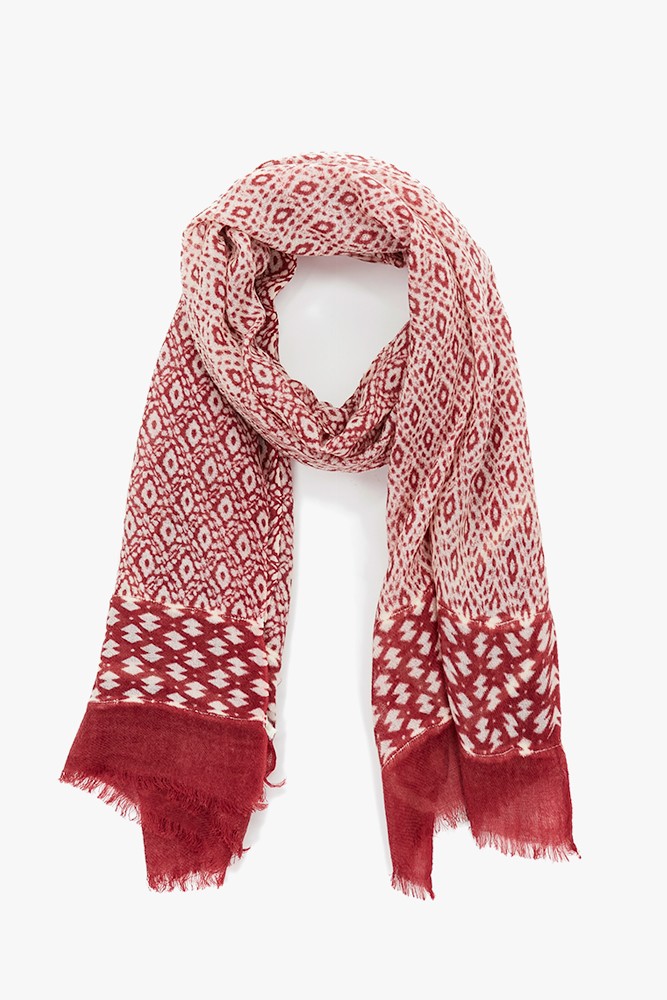 Women's wool scarf with burgundy geometric print