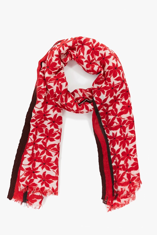 Pañuelo de mujer de lana con estampado floral mini en rojo
