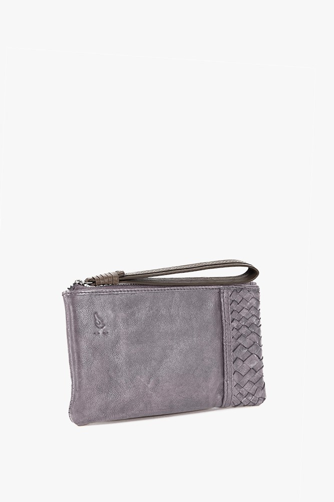 Women's taupe leather cosmetic bag with braided detail