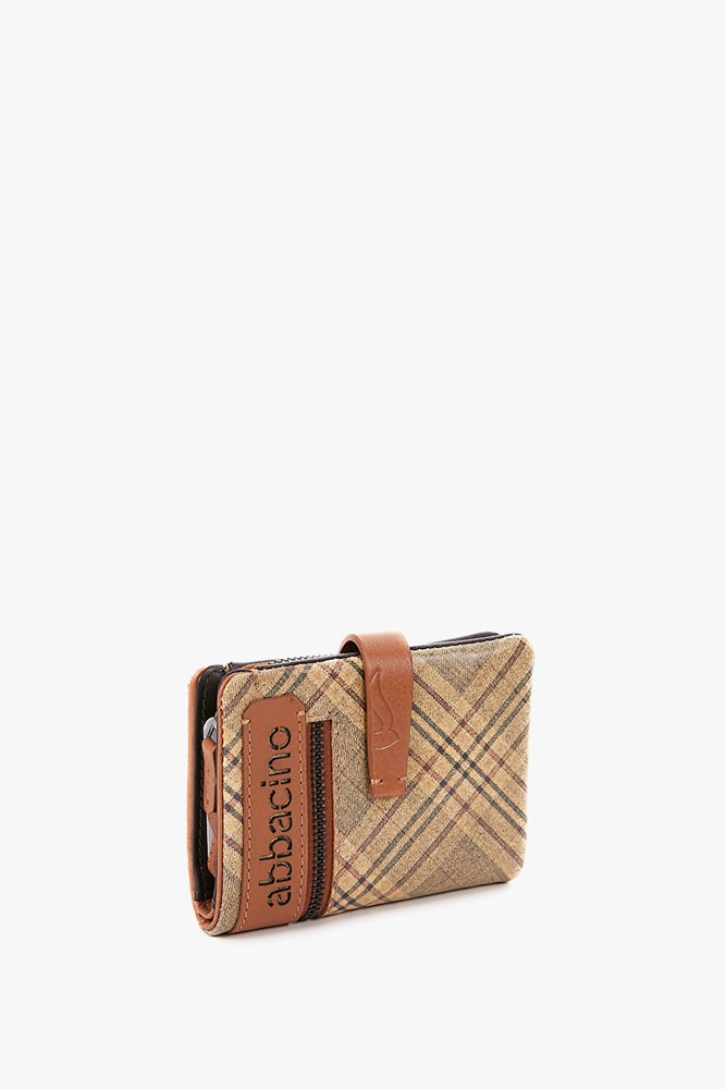 Women's small leather wallet with cognac plaid print