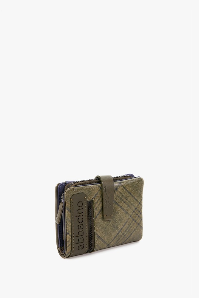 Women's small leather wallet with green plaid print