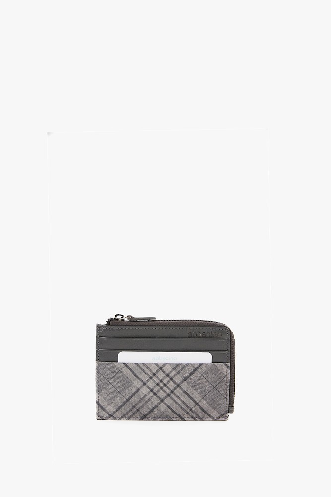 Women's leather coin purse with grey plaid print