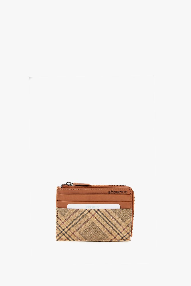 Women's leather coin purse with cognac plaid print