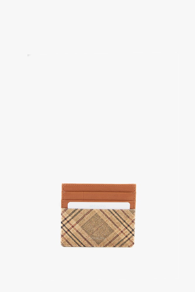 Women's leather card holder with cognac plaid print