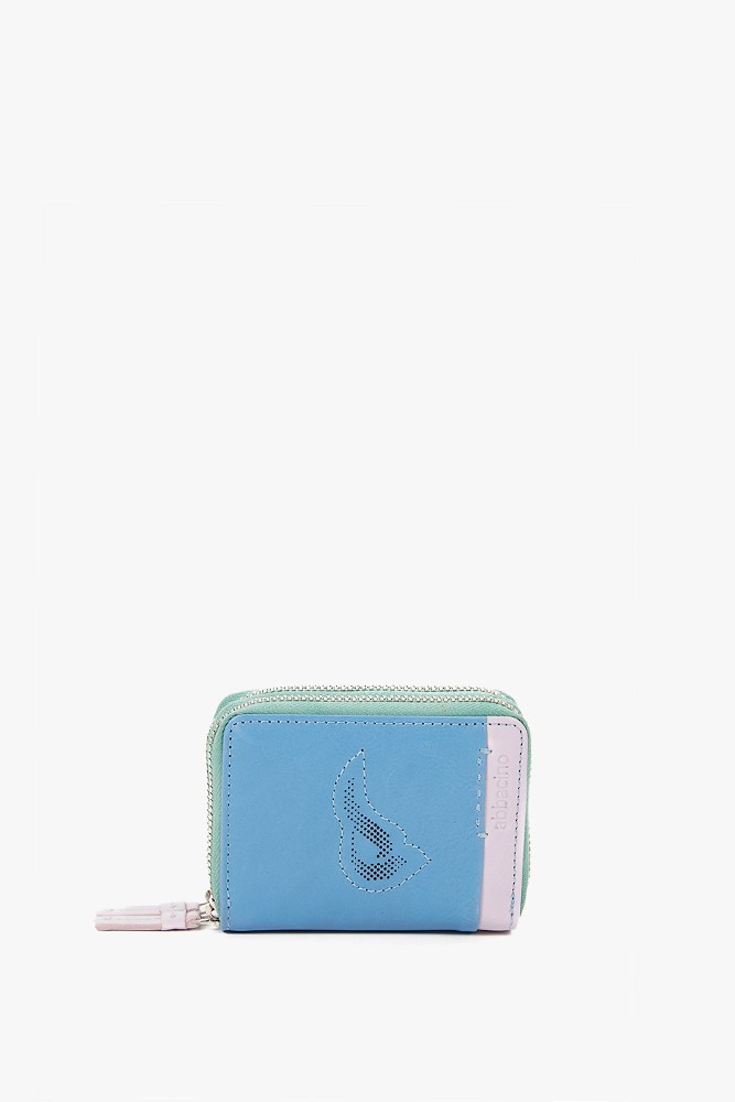 Women's small leather wallet with die-cut logo in blue