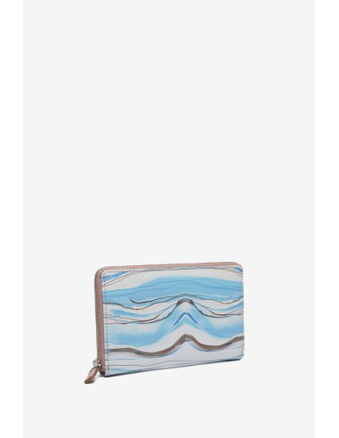 Large leather wallet with abstract print in blue