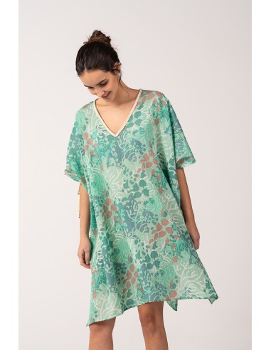 Women's kaftan in cotton with turquoise navy print