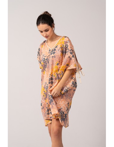 Women's kaftan in cotton with pink navy print