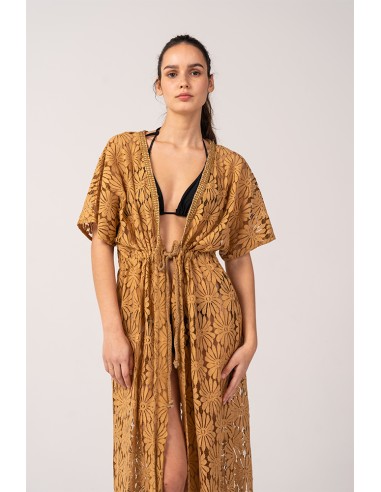 Cotton kimono with lace in camel