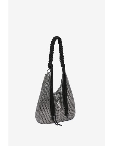 Silver metallic mesh tasseled shoulder bag