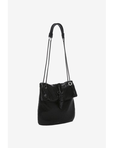 Black metallic mesh half moon shoulder bag