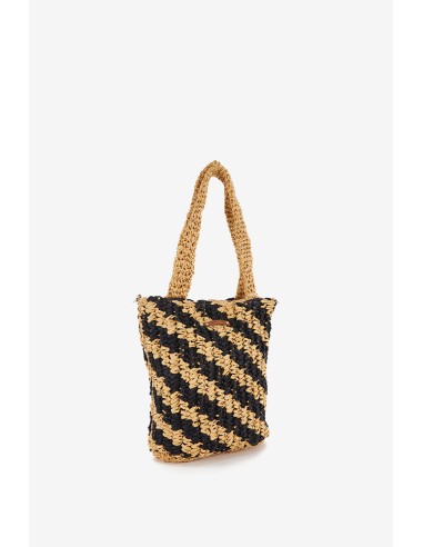 Braided handbag with black and beige stripes